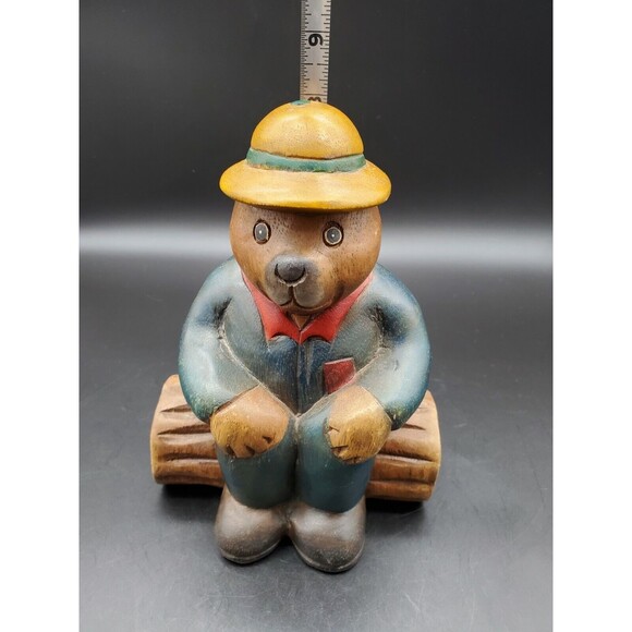 Honey Bear Beehive Dressed Sitting on Log Carved WOOD 8" Very NICE!!! Adorable! - Picture 7 of 12